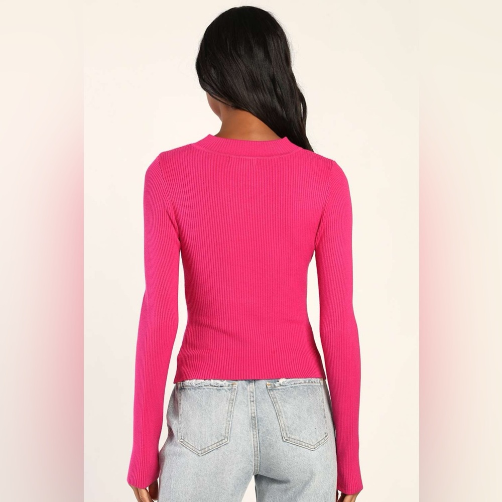 Lulu’s Easy Update Magenta Ribbed Knit Cutout Mock Neck Long Sleeve Top Size XS - Picture 3 of 6